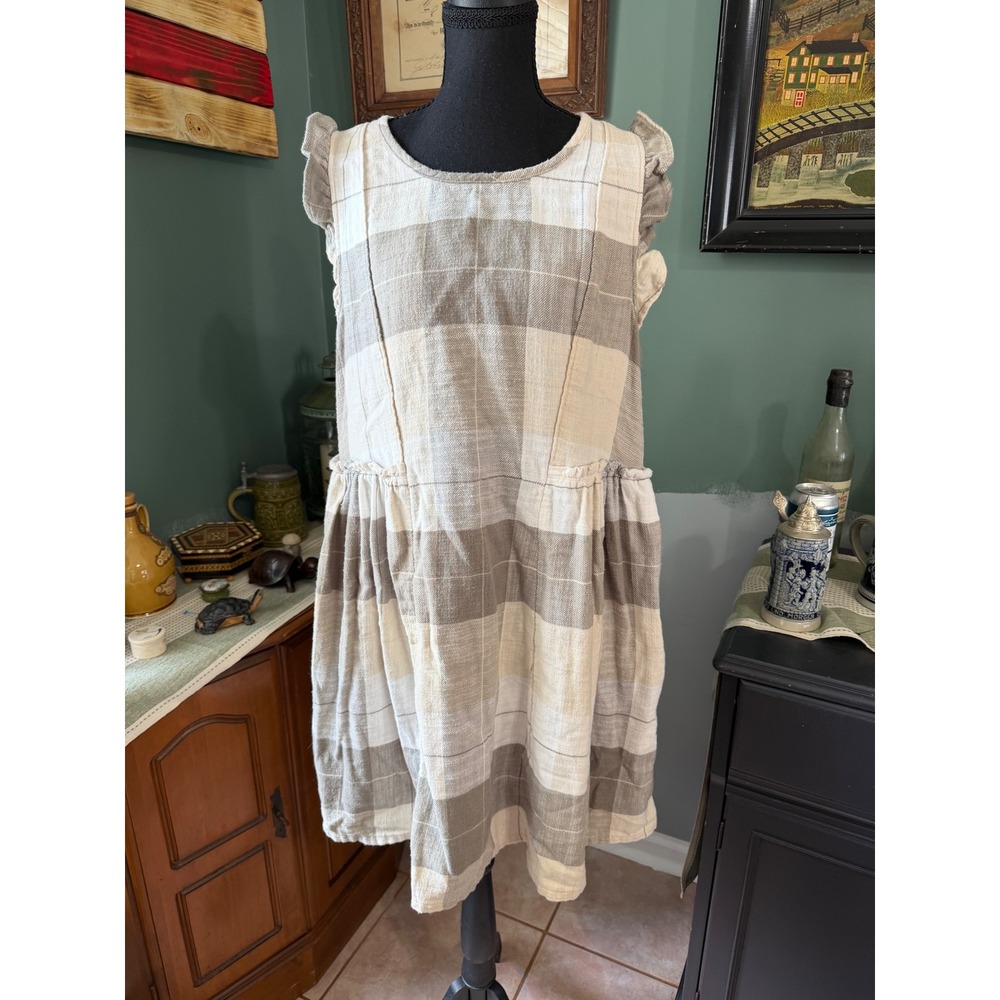 UpWest Plaid Cotton Ruffle Sleeve Midi Dress Size Large Cottagecore Lagenlook